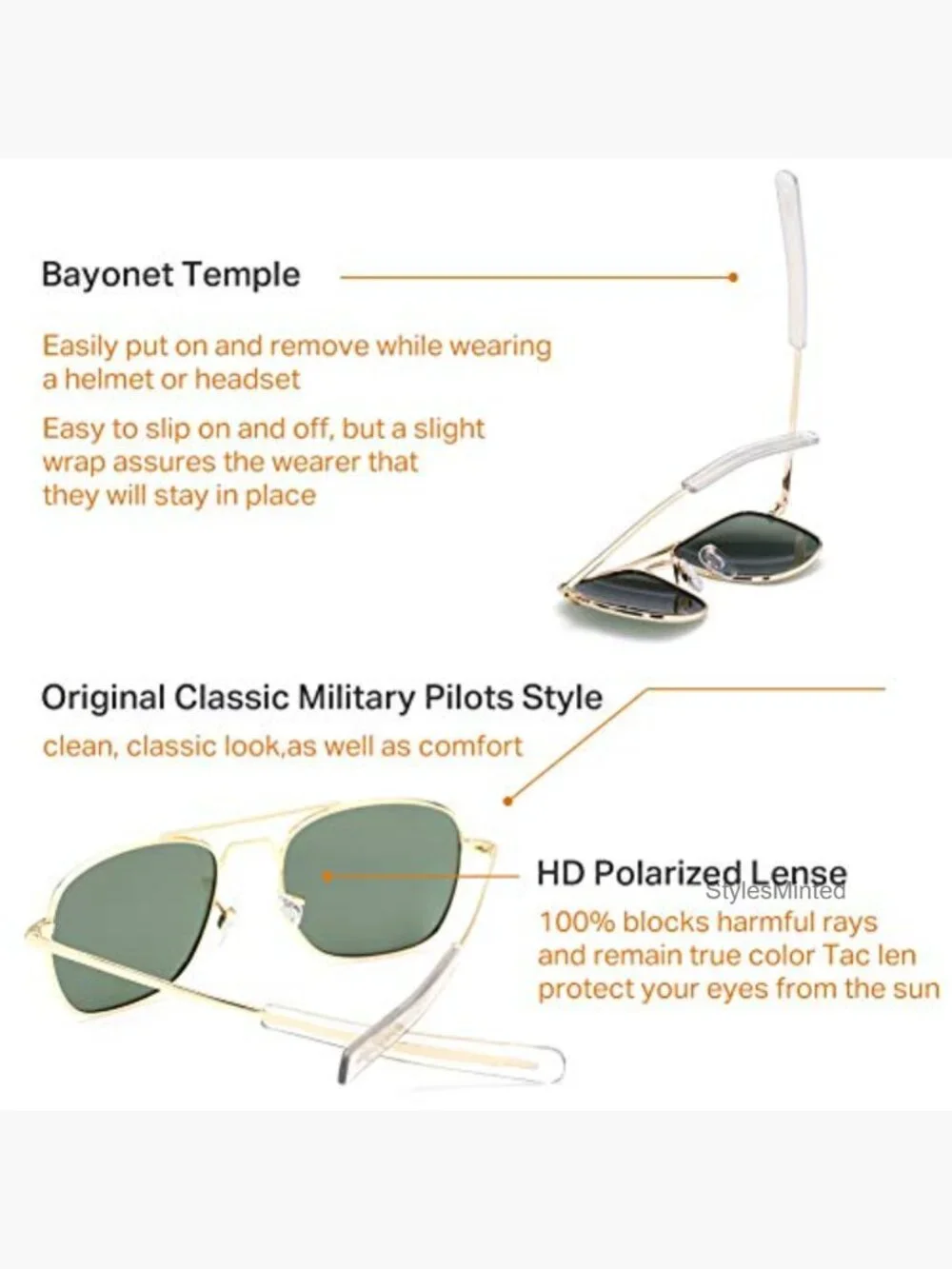 Polarized Aviator Sunglasses Bayonet Temple Men Military Square Pilot Shades